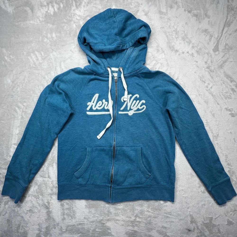 Vintage Aeropostale Hoodie Womens Size Large Turquoise Blue Full Zip Top